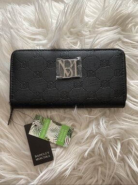 Badgley Mischka Black Embossed Zip Wallet with Silver Logo